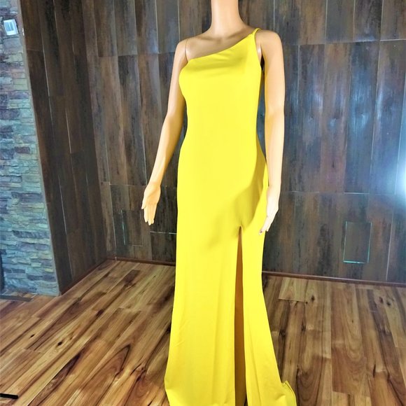 LA Femme Yellow One Shoulder Jersey Slit Gown NWOT - Picture 4 of 7